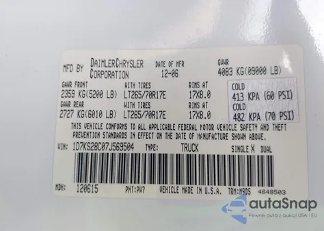 2007 Dodge Ram 2500 Slt/Trx4 Off Road/Sport/Power Wagon из США, поврежденный, VIN 1D7KS28C07J569504